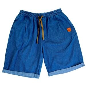 Free Oriental Pants Mens XL Blue Denim Shorts Elastic Waist Drawstring Cotton